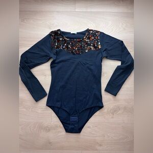 Jadea Navy Long Sleeve Bodysuit with Patterned Detail
